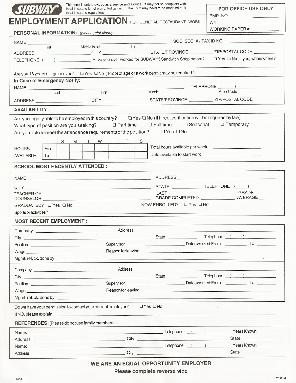 Free Printable Subway Job Application Form - Free Online Printable Applications
