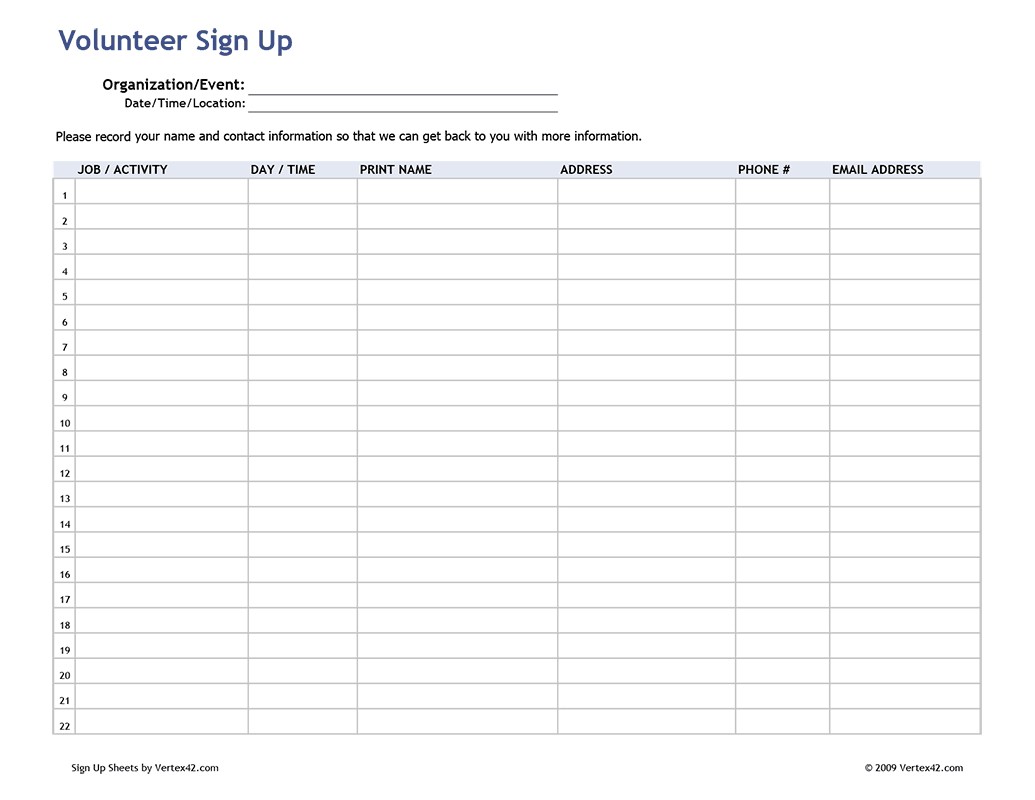 Free Printable Volunteer Sign Up Sheet (Pdf) From Vertex42 - Free Printable Sign In Sheet Template