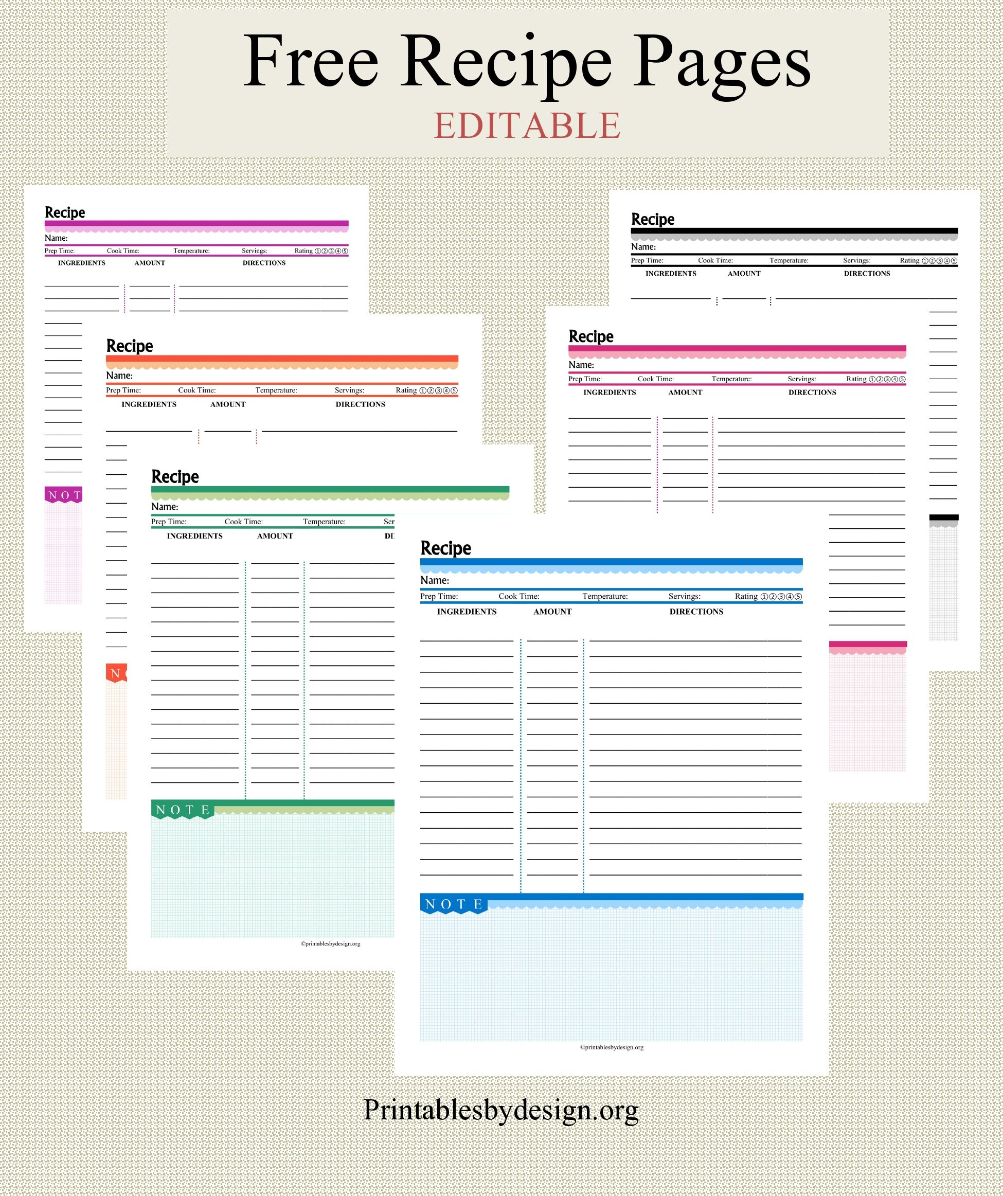 Free Recipe Pages In 6 Colors To Choose From. Editable. | Handmade - Free Printable Recipe Pages