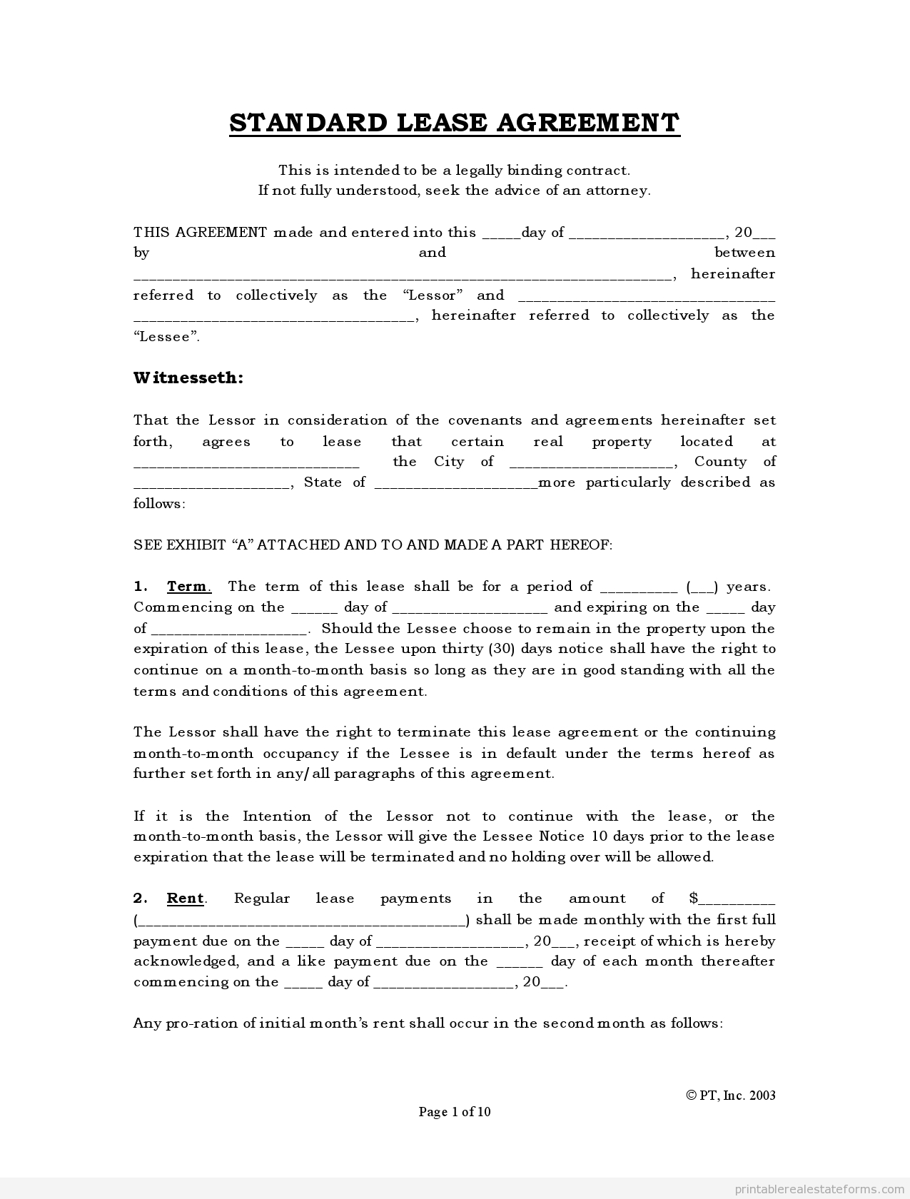 Free Rental Agreements To Print | Free Standard Lease Agreement Form - Apartment Lease Agreement Free Printable