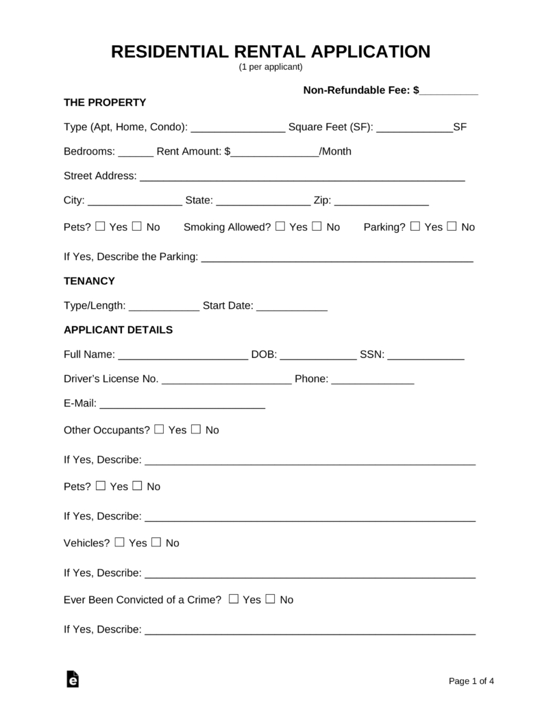 Free Rental Application Form - Pdf | Word | Eforms – Free Fillable Forms - Free Printable Landlord Forms