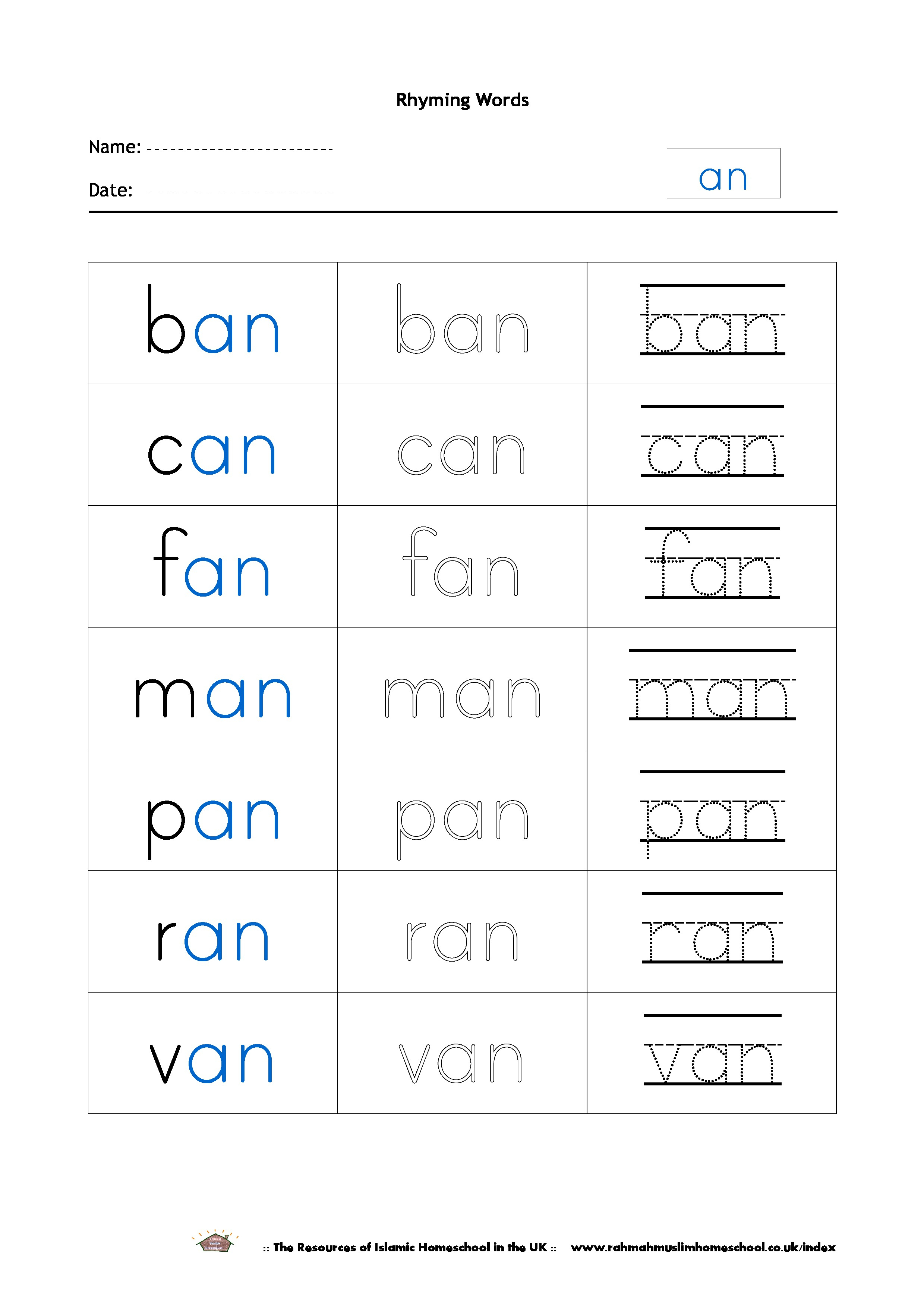 Free Rhyming Words Worksheet “An” | The Resources Of Islamic - Free Printable Rhyming Words Flash Cards