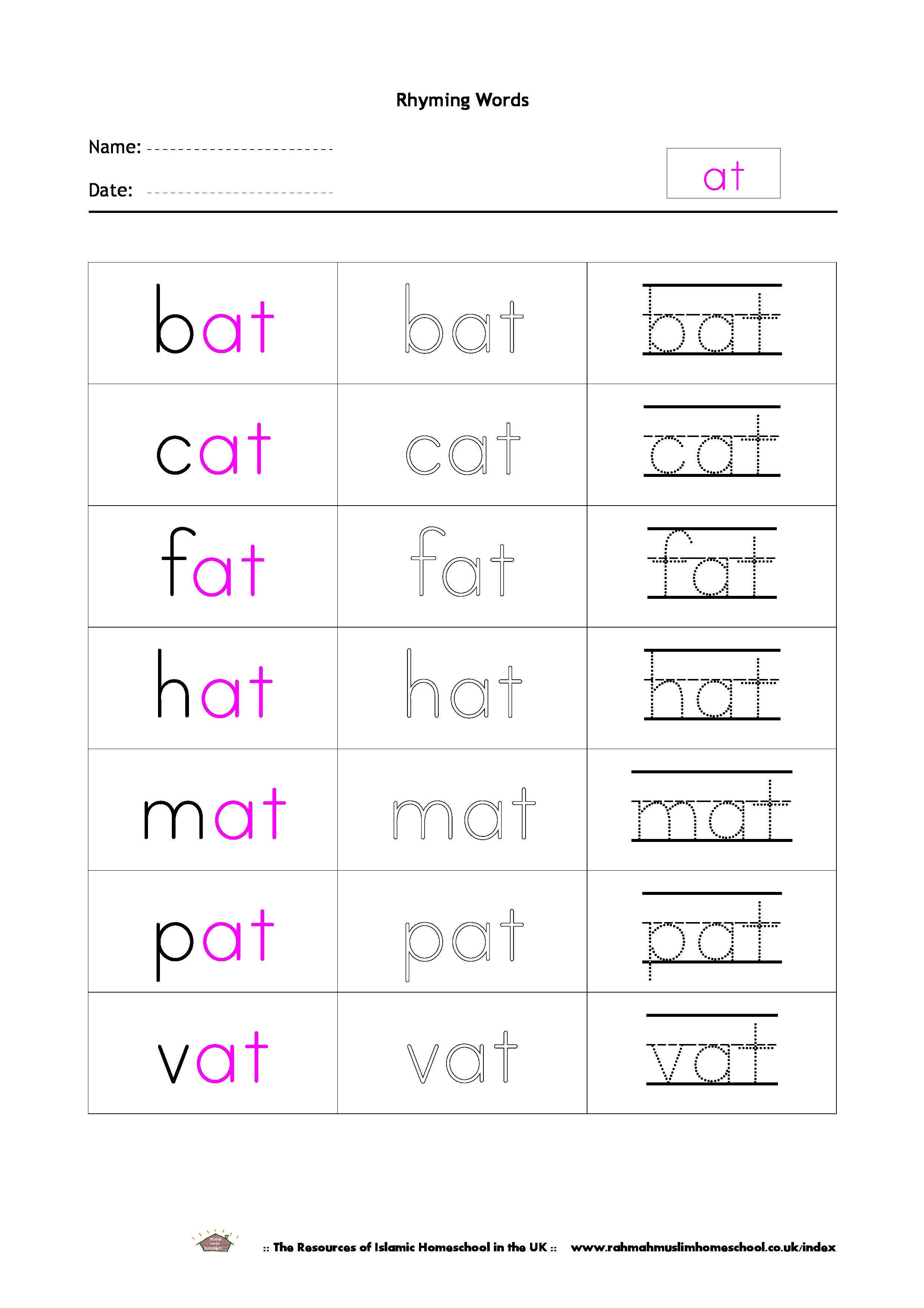 Free Rhyming Words Worksheet “At” | The Resources Of Islamic - Free Printable Rhyming Words Worksheets