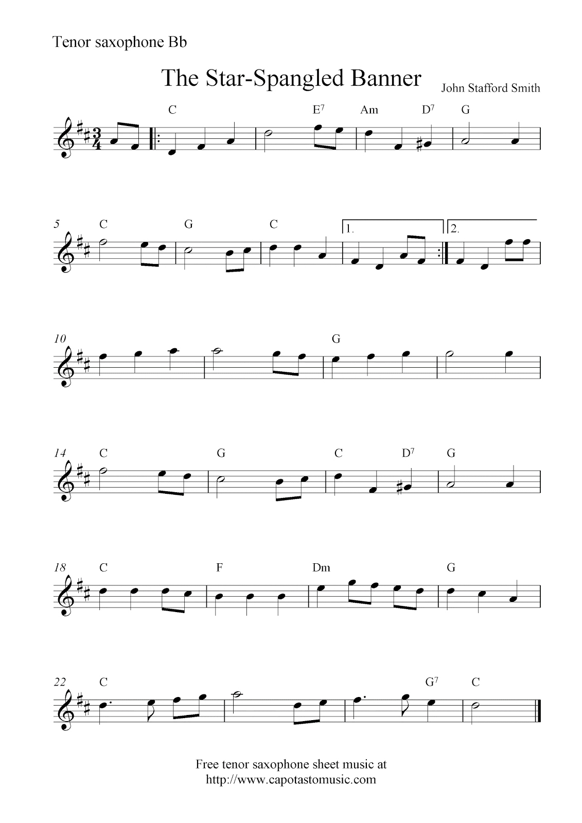 Free Tenor Saxophone Sheet Music, The Star-Spangled Banner - Free Printable Piano Sheet Music For The Star Spangled Banner
