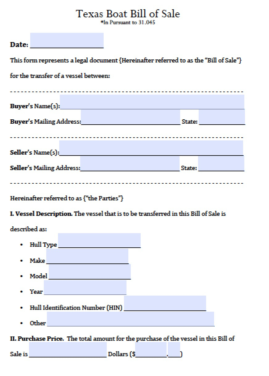 Free Texas Boat Bill Of Sale Form | Pdf | Word (.doc) - Free Printable Texas Bill Of Sale Form