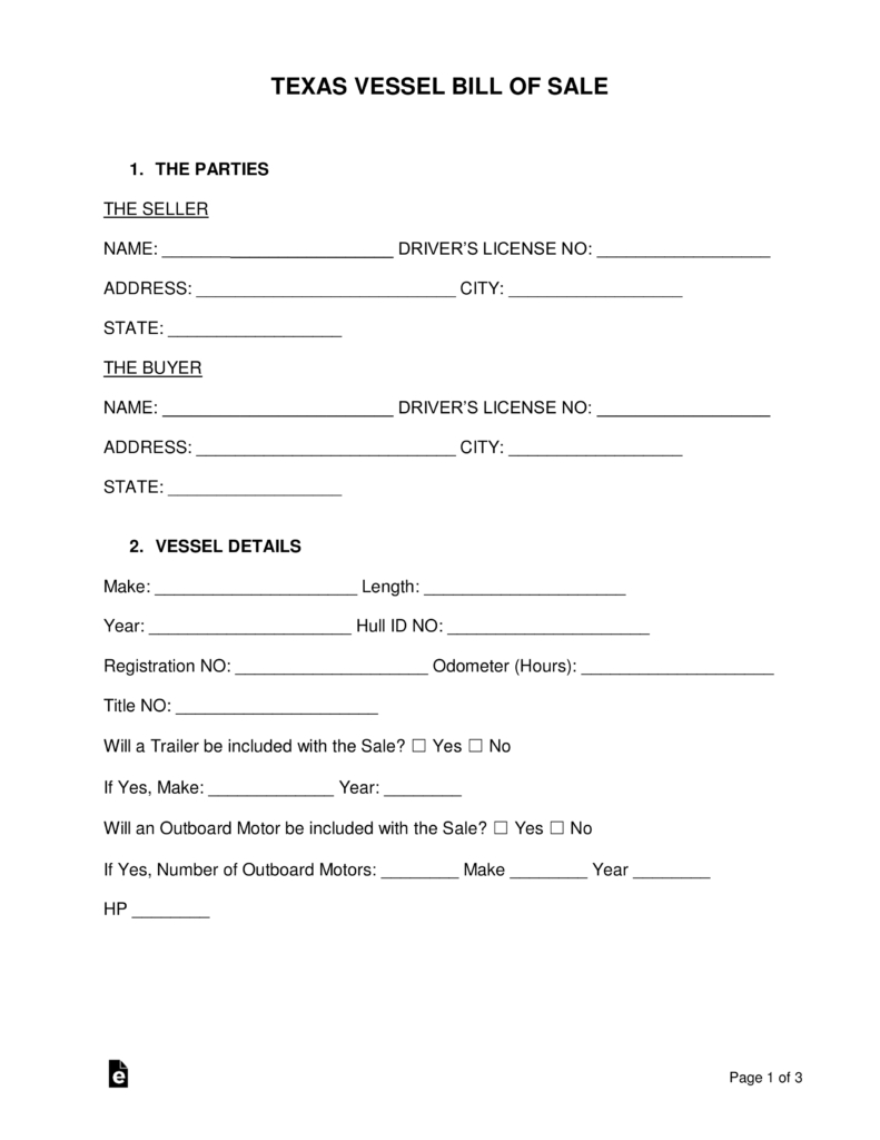 Free Texas Boat Bill Of Sale Form - Word | Pdf | Eforms – Free - Free Printable Texas Bill Of Sale Form