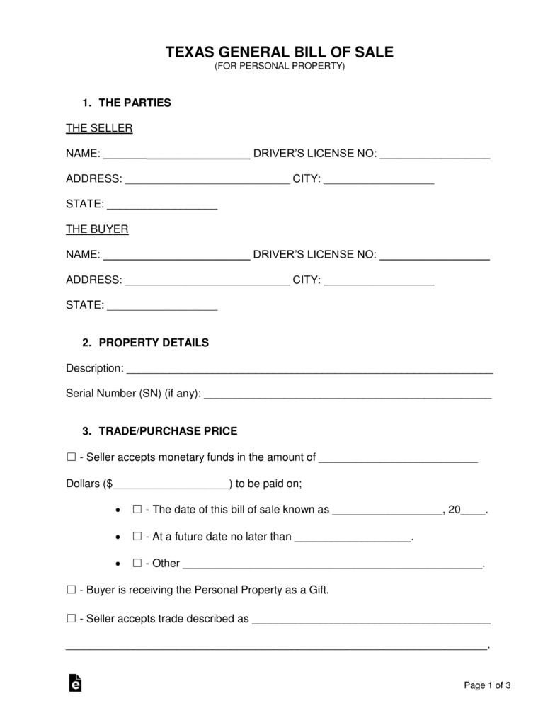 Free Texas General Bill Of Sale Form - Word | Pdf | Eforms – Free - Free Printable Texas Bill Of Sale Form