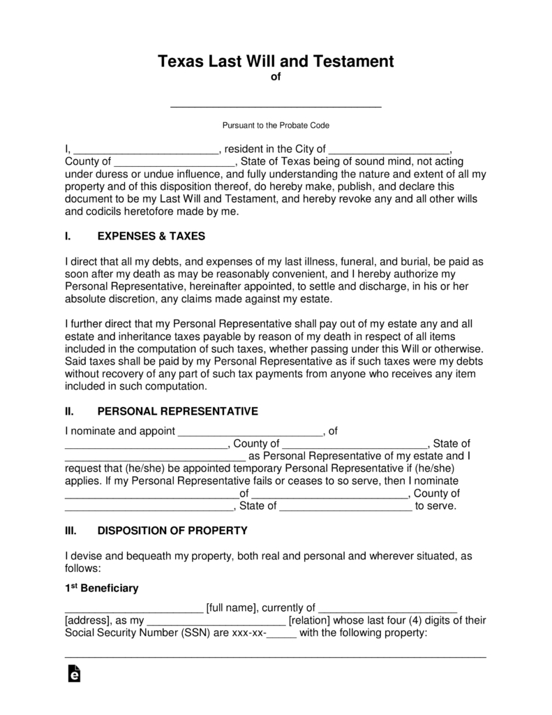 Free Texas Last Will And Testament Template - Pdf | Word | Eforms - Free Printable Wills