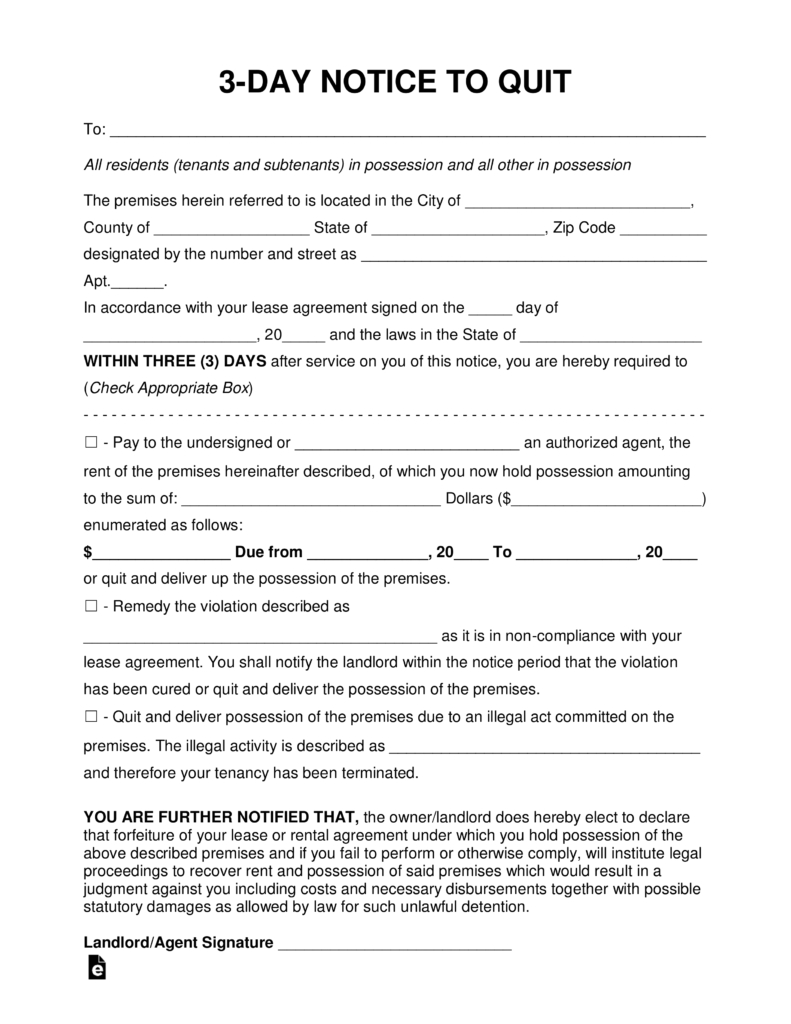 Free Three (7) Day Eviction Notice To Pay Or Quit - Pdf | Word - Free Printable Eviction Notice Pa