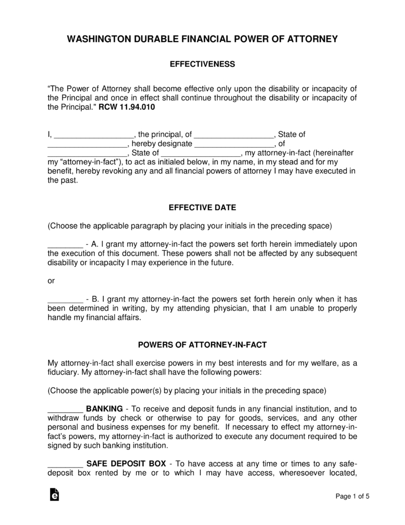 Free Washington Power Of Attorney Forms - Word | Pdf | Eforms – Free - Free Printable Power Of Attorney Form Washington State