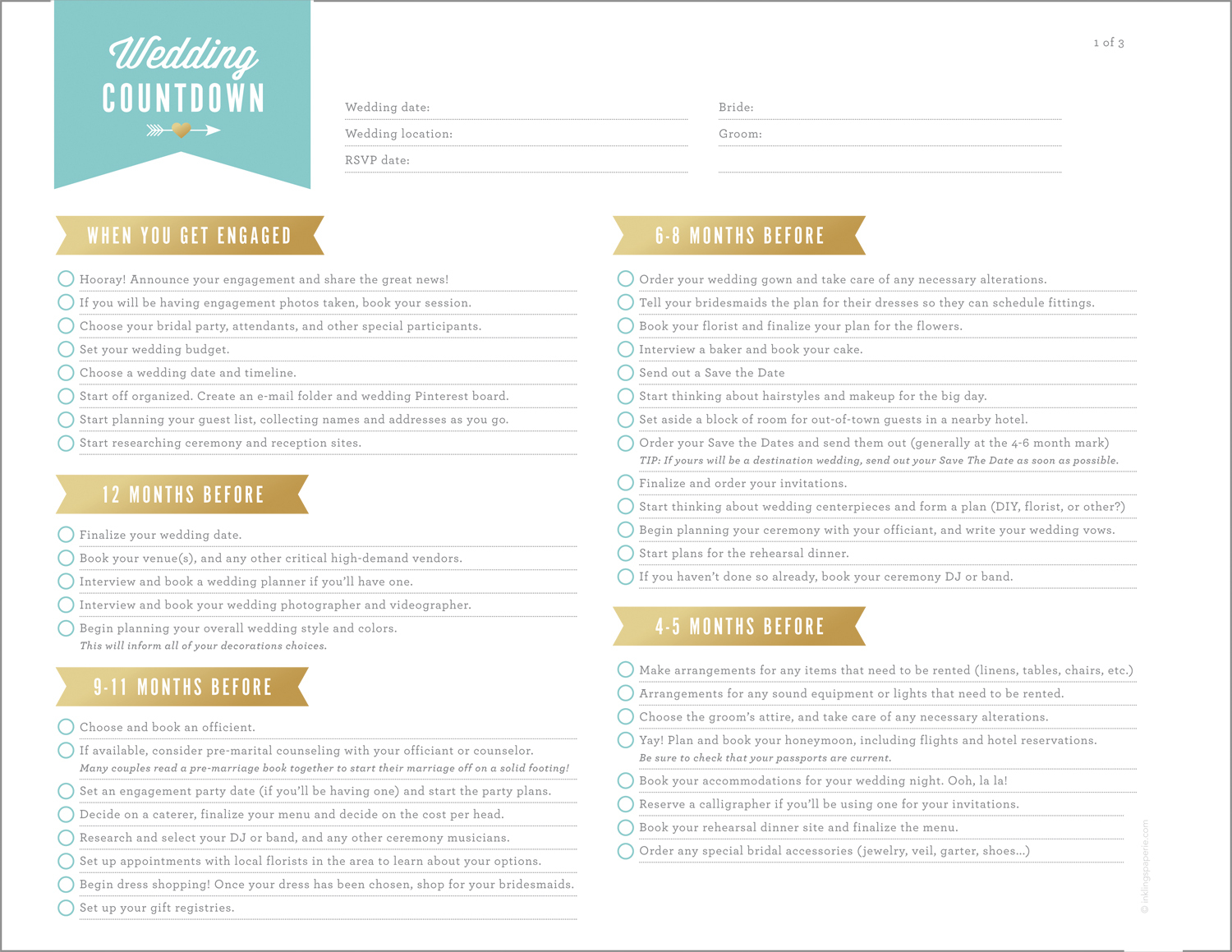 Free Wedding Planning Printables &amp;amp; Checklists - Free Printable Wedding Countdown