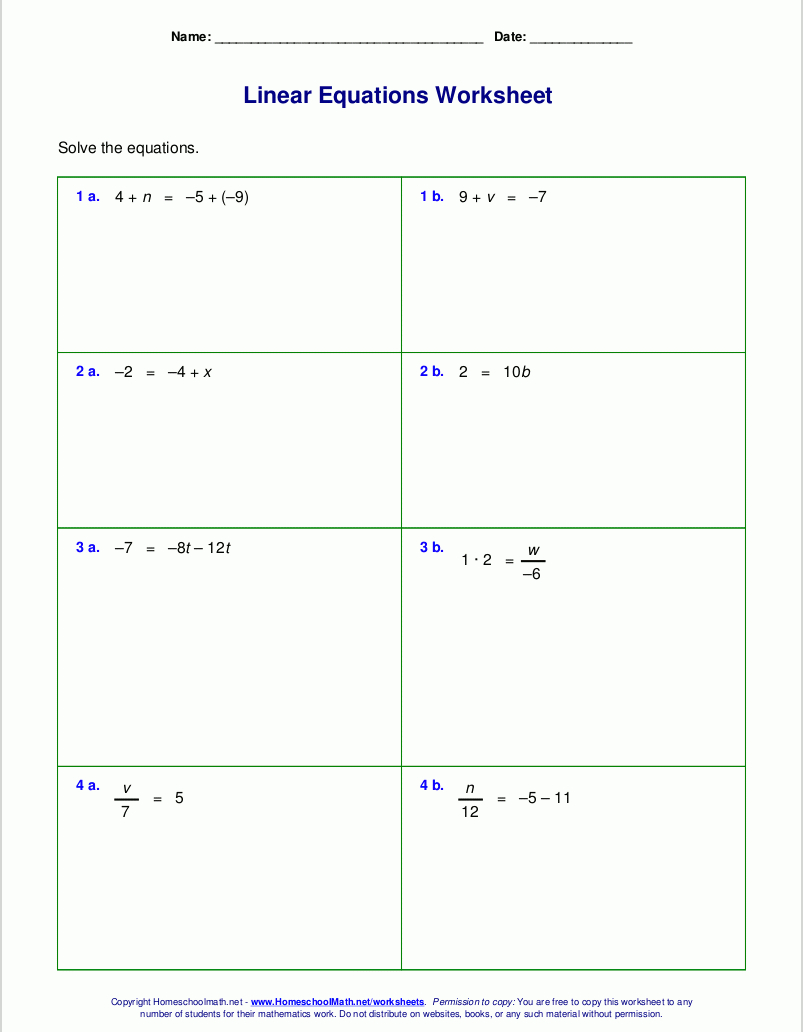 Free Worksheets For Linear Equations (Grades 6-9, Pre-Algebra - 9Th Grade Algebra Worksheets Free Printable