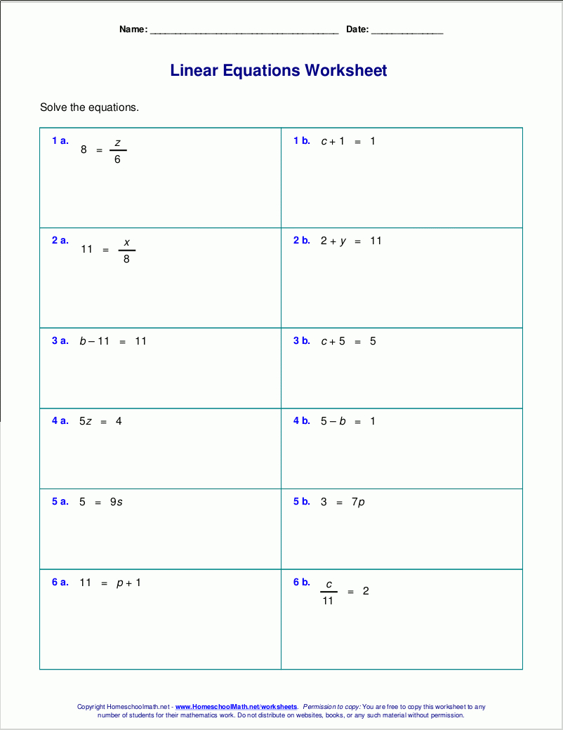 Free Worksheets For Linear Equations (Grades 6-9, Pre-Algebra - Free Printable Algebra Worksheets Grade 6