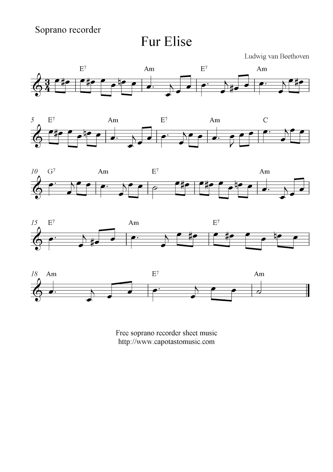 Fur Elise, Free Soprano Recorder Sheet Music Notes - Free Printable Recorder Sheet Music For Beginners