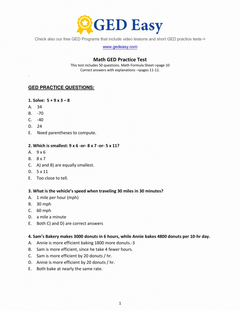 Ged Math Practice Free Unique Free Printable Ged Worksheets Within - Free Printable Ged Practice Test