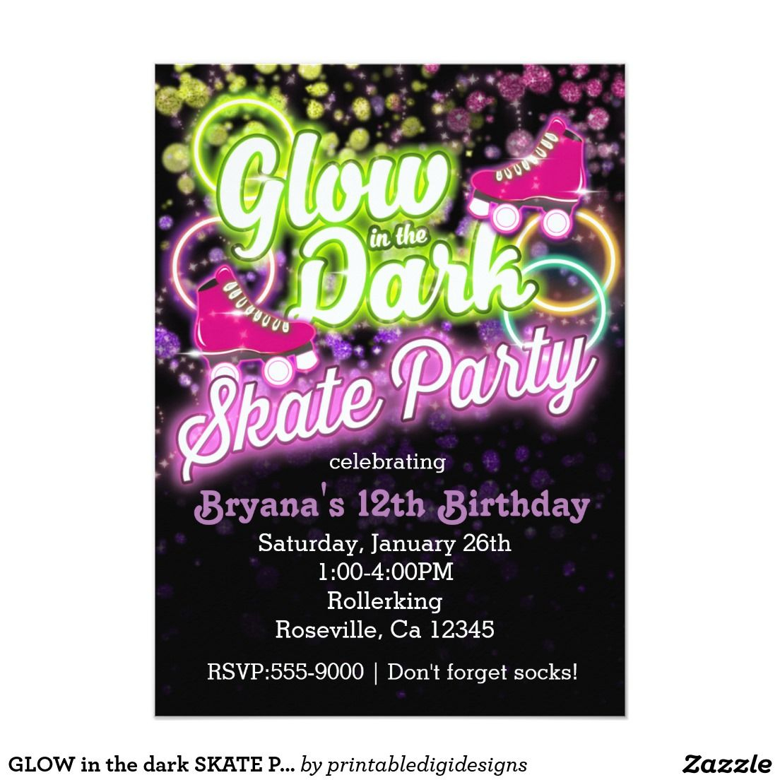 Glow In The Dark Skate Party Birthday Invitation | Party Invitations - Free Printable Glow In The Dark Birthday Party Invitations