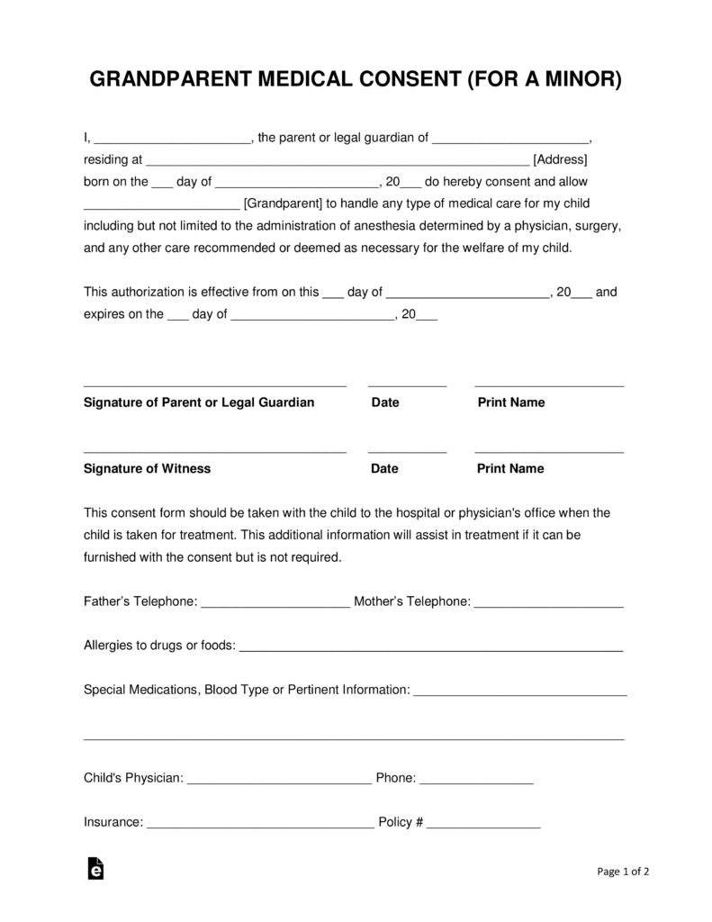 Grandparents&amp;#039; Medical Consent Form – Minor (Child) | Eforms – Free - Free Printable Child Medical Consent Form