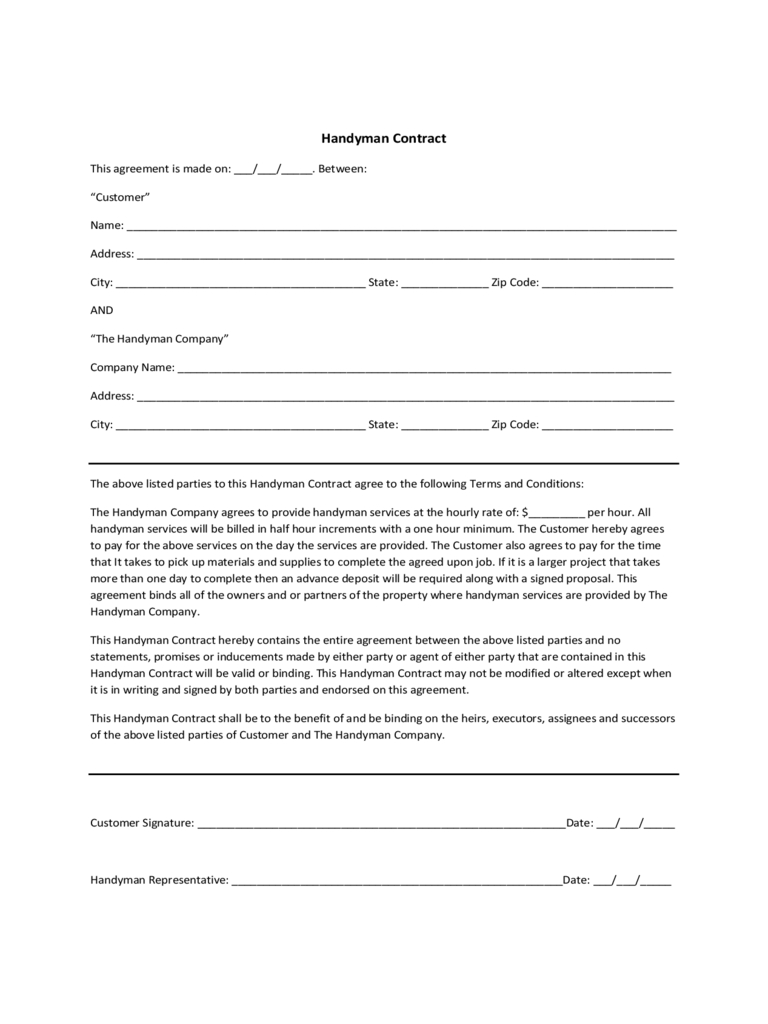 Handyman Contract Template - 1 Free Templates In Pdf, Word, Excel - Free Printable Handyman Contracts