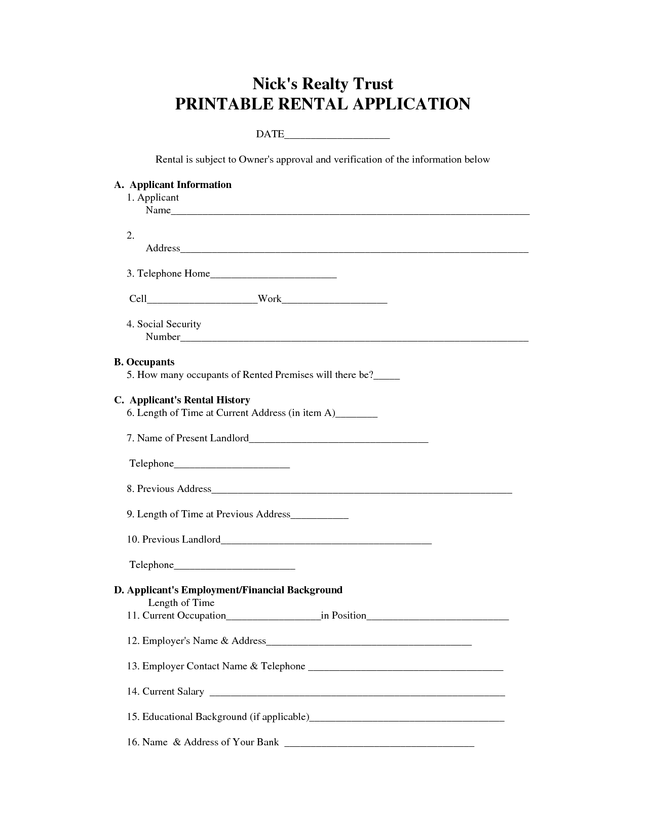 House Rental Agreement Template Florida | Property Rentals Direct - Free Printable House Rental Application Form