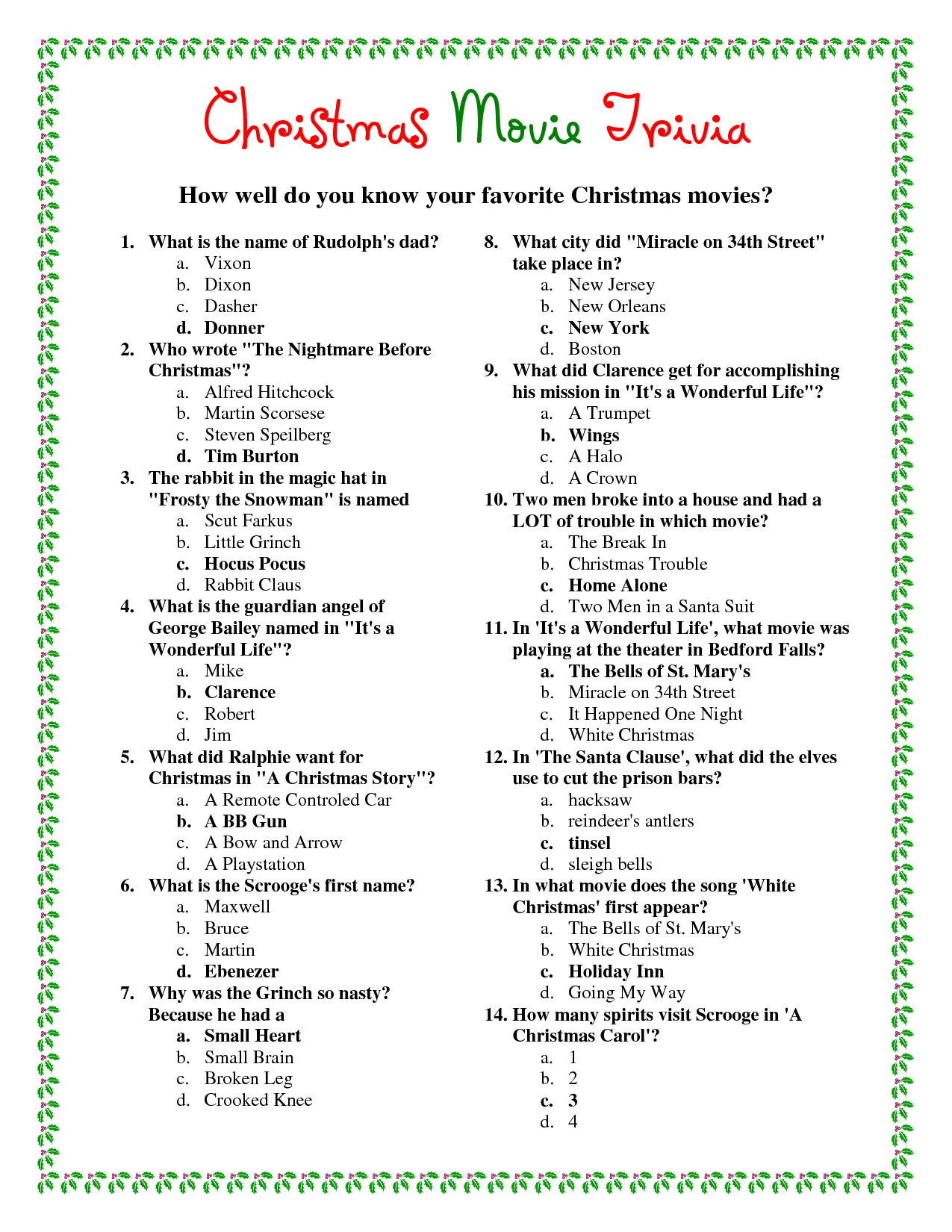 Ideas Collection Easy Christmas Trivia Questions And Answers - Free Printable Trivia Questions For Seniors