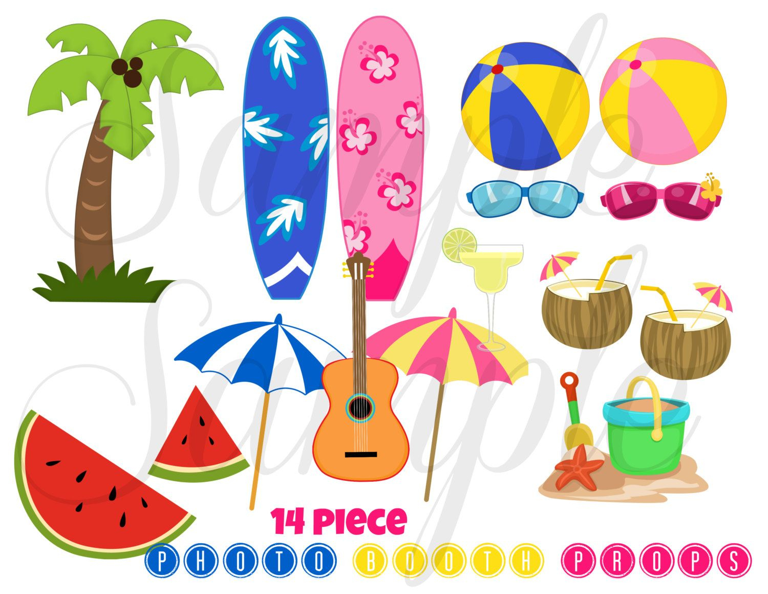 Instant Download Summer Beach Party 16 Piece Photo Booth Props - Hawaiian Photo Booth Props Printable Free