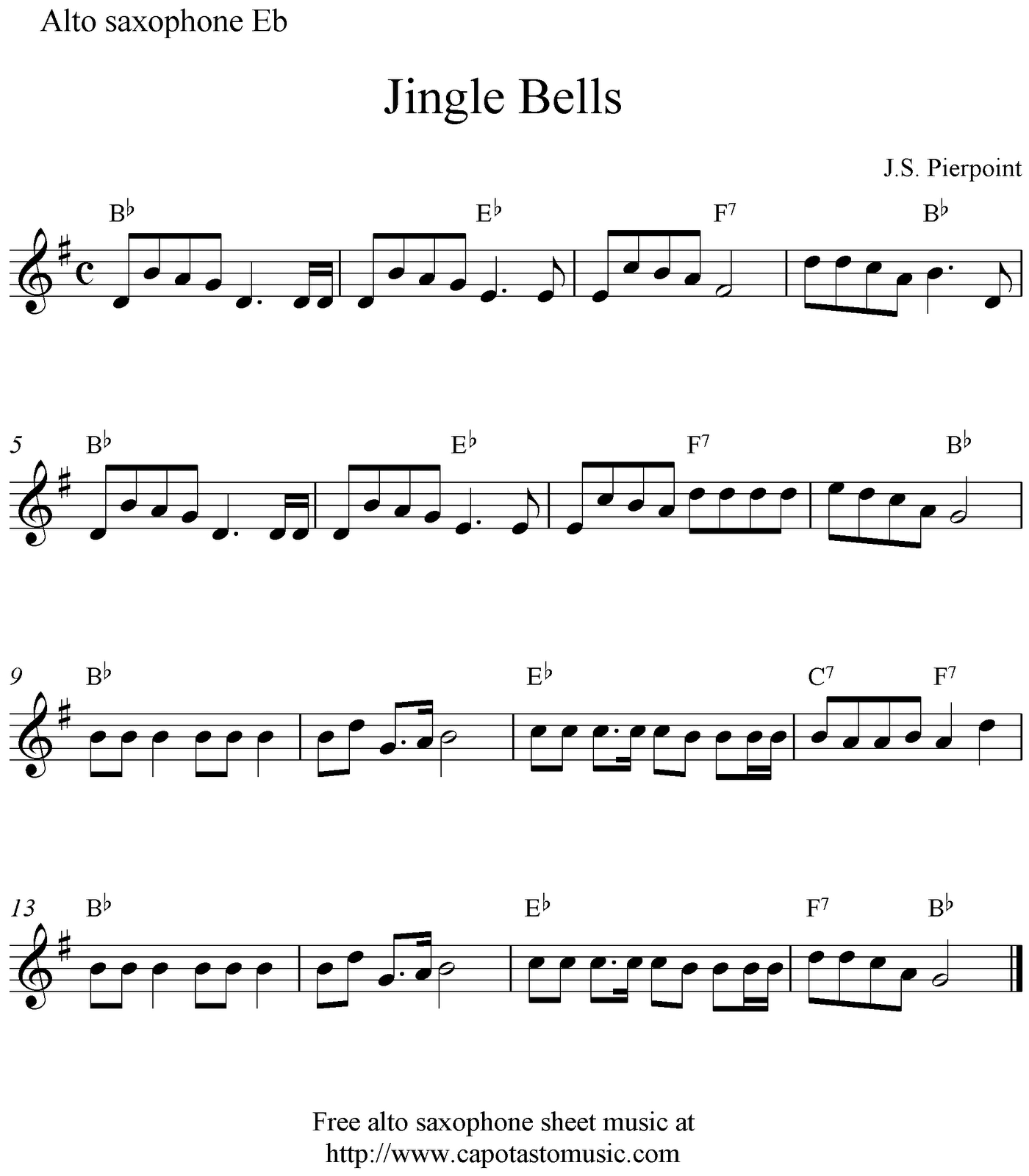 Jingle Bells, Free Christmas Alto Saxophone Sheet Music Notes - Free Printable Christmas Sheet Music For Alto Saxophone