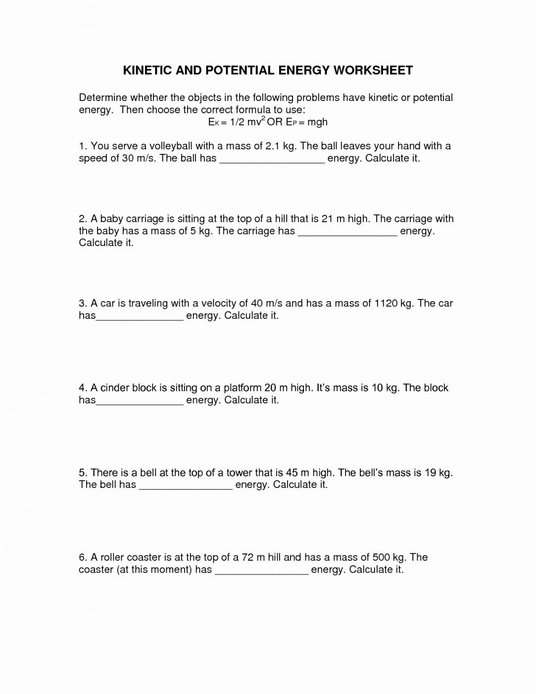 Kinetic And Potential Energy Worksheet Answers | Lostranquillos - Free Printable Worksheets On Potential And Kinetic Energy