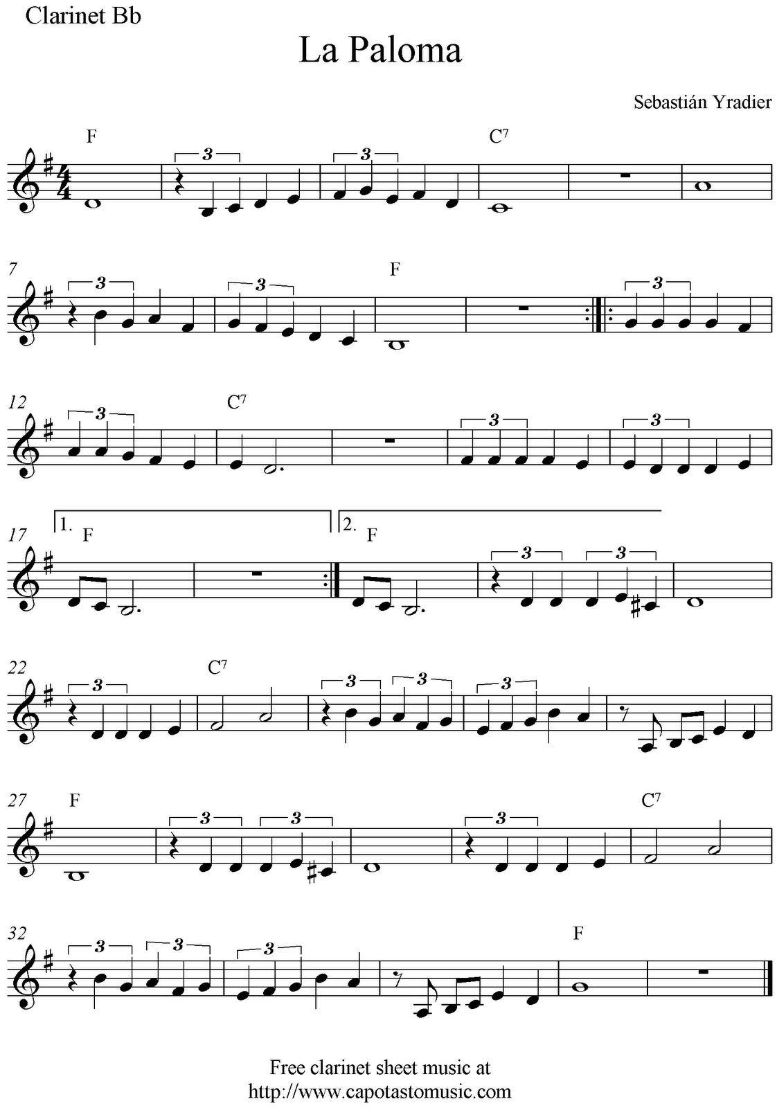 La Paloma, Free Clarinet Sheet Music Notes - Free Printable Clarinet Sheet Music