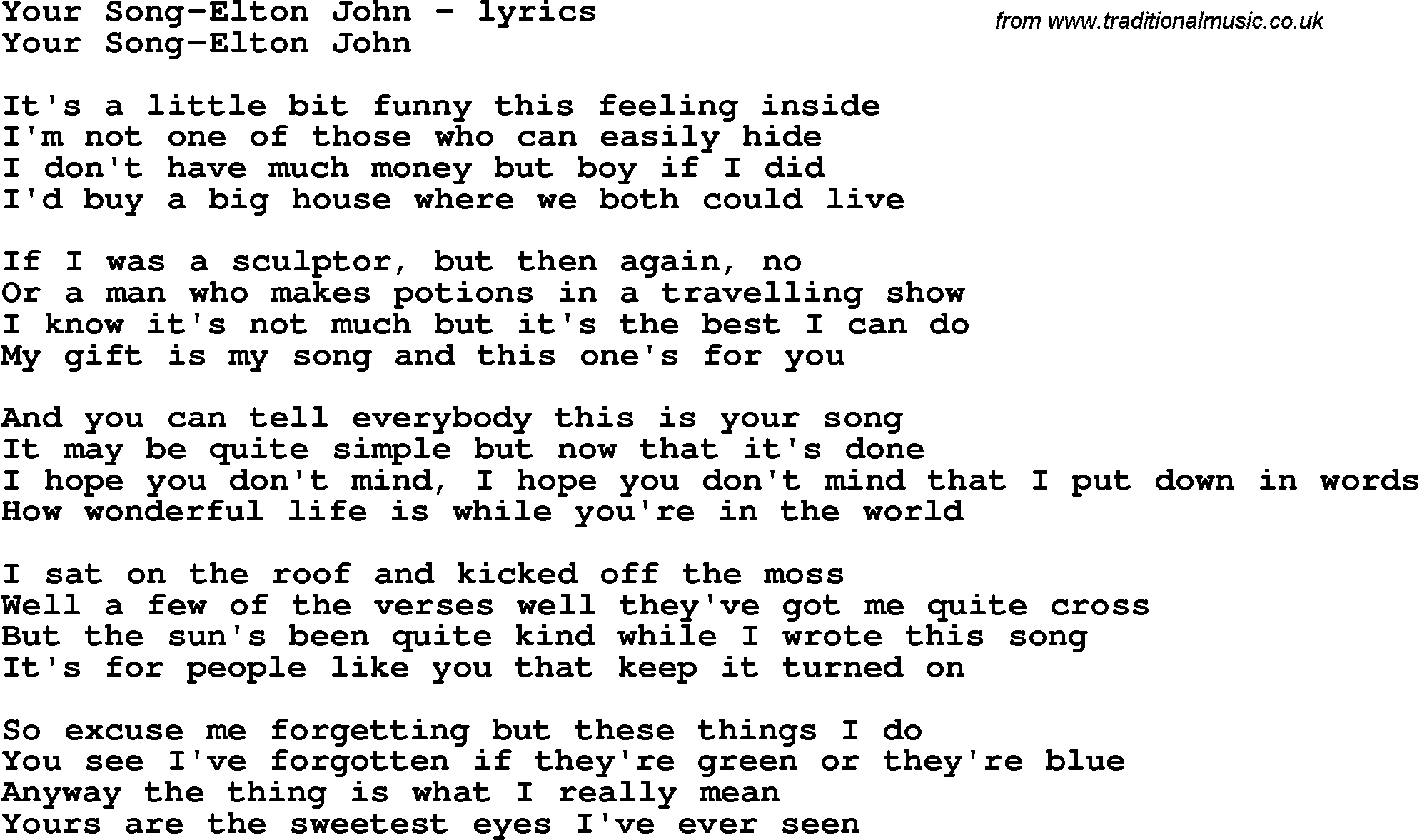 Love Song Lyrics For:your Song-Elton John - Free Printable Song Lyrics
