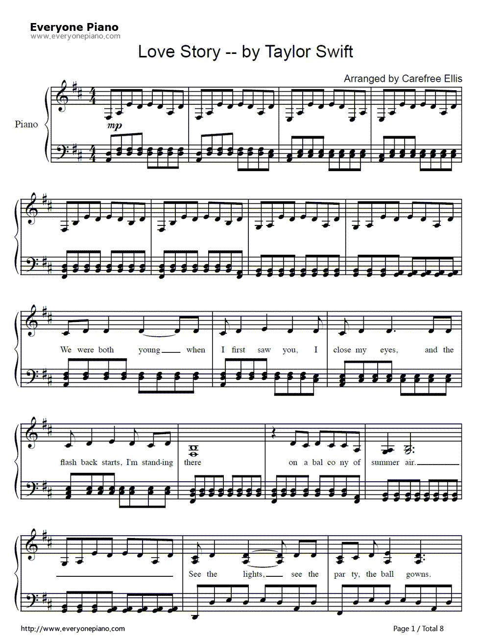 Love Story-Taylor Swift Stave Preview 1 | Piano Sheet Music - Free Printable Piano Sheet Music For Popular Songs