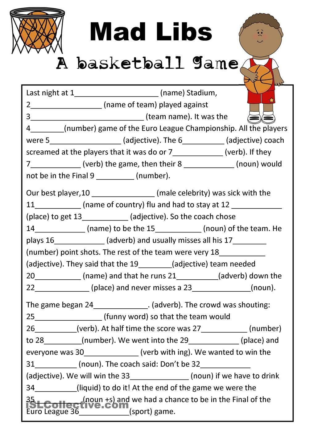 Mad Libs Basketball Game | Teaching Esl | Mad Libs, Basketball Games - Free Printable Mad Libs For Middle School Students