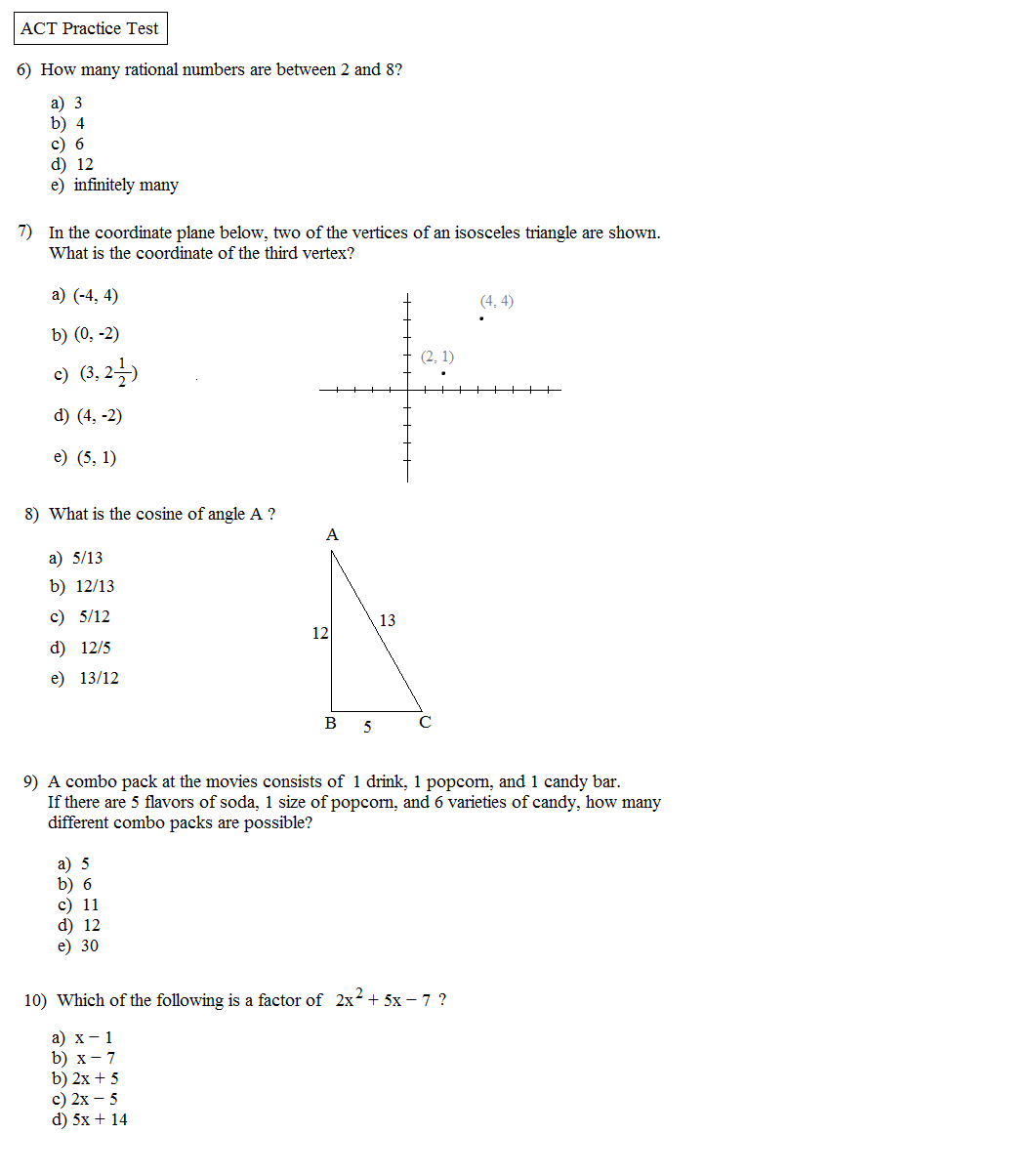 Math Plane - Act Practice Test 1 - Free Printable Act Practice Worksheets