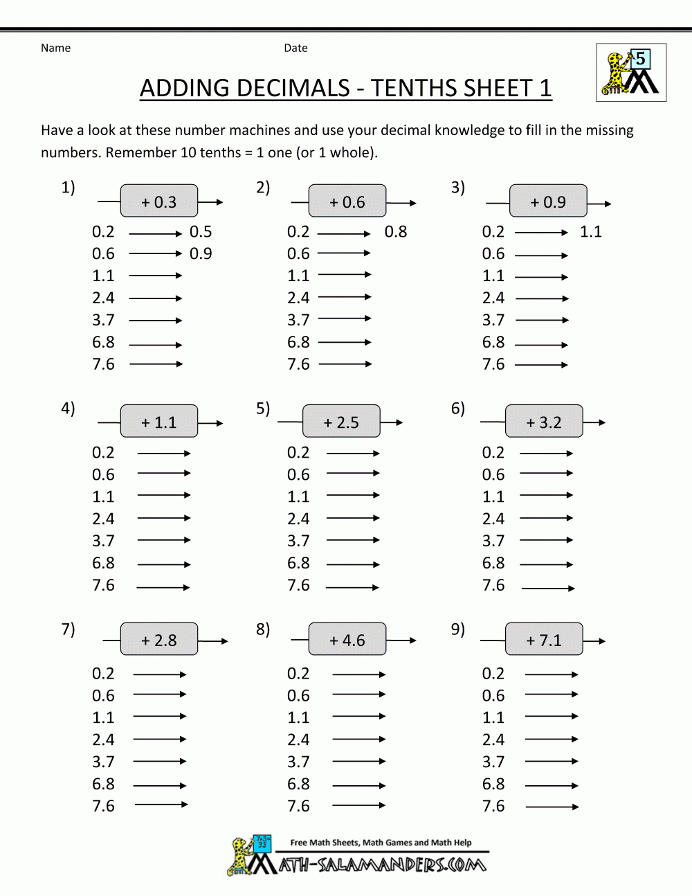 Math Worksheet | 5Th Grade Math Worksheets Adding Decimals Tenths 1 - Free Printable Worksheets For 5Th Grade