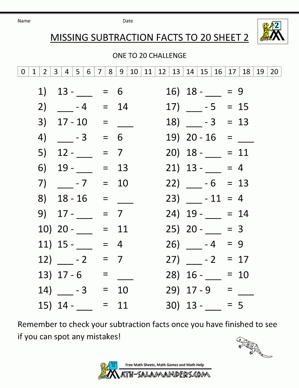 Math Worksheets For 2Nd Grade Missing Subtraction Facts To 20 2 - Free Printable Subtraction Worksheets For 2Nd Grade