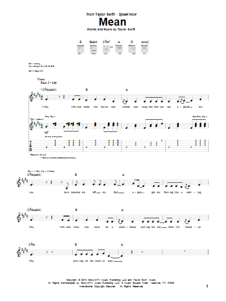 Mean Sheet Music | Taylor Swift | Guitar Tab Within Taylor Swift - Taylor Swift Mine Piano Sheet Music Free Printable