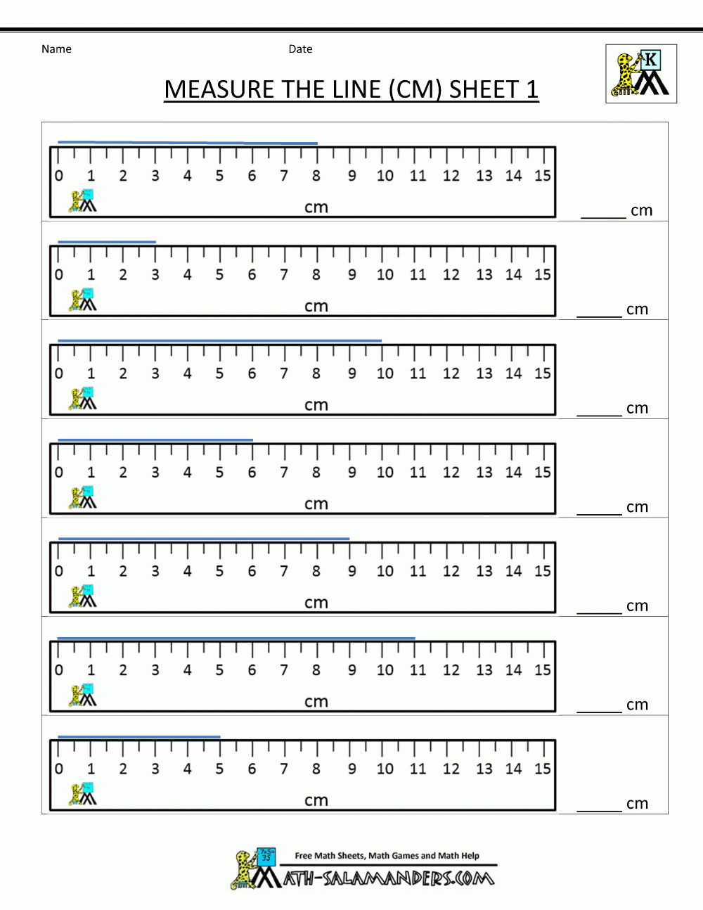 Measuring Worksheets Kindergarten Measure The Line Cm 1 | Learning - Free Printable Measurement Worksheets Grade 1