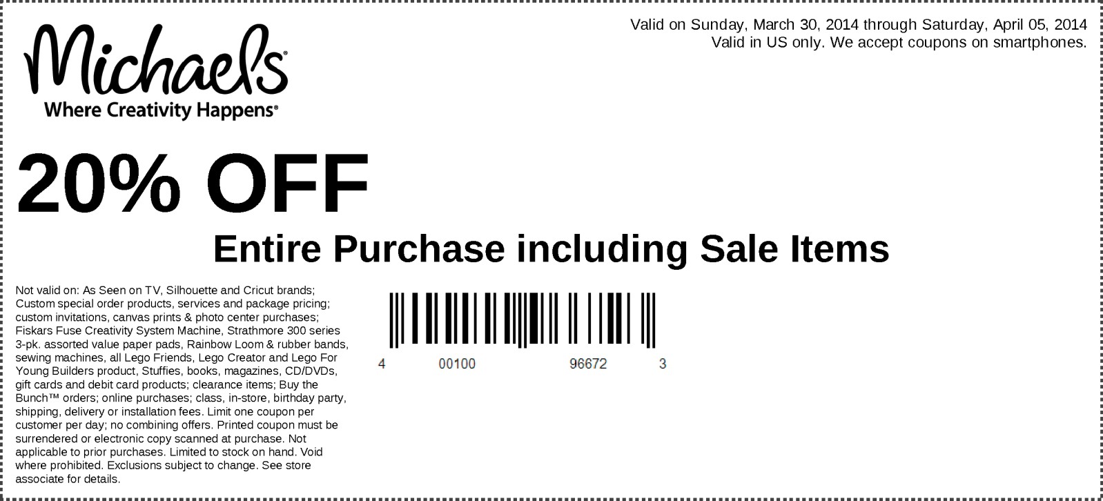 Michaels - 20% Off Your Entire In-Store Purchase - Exp. 04/05/14 - Free Printable Michaels Coupons