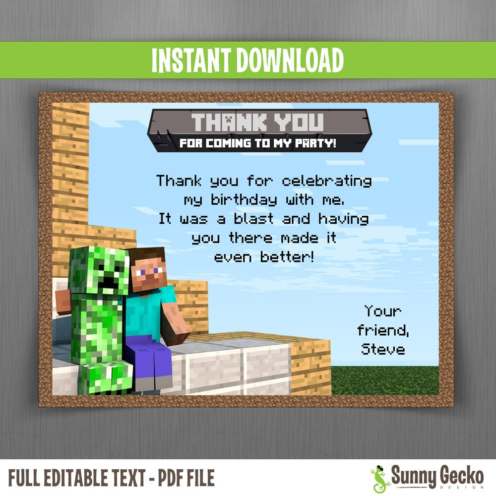 Minecraft Thank You Card Template - Free Printable Minecraft Thank You Notes
