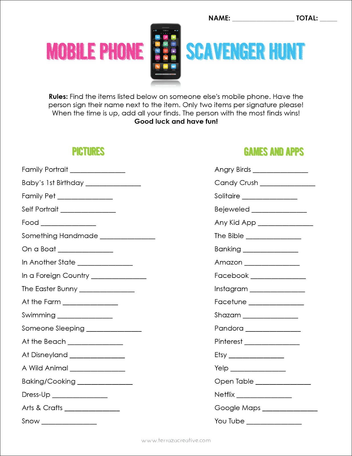 Mobile Phone Scavenger Hunt Mixer - Free Printable | Party Games For - Free Printable Games For Adults