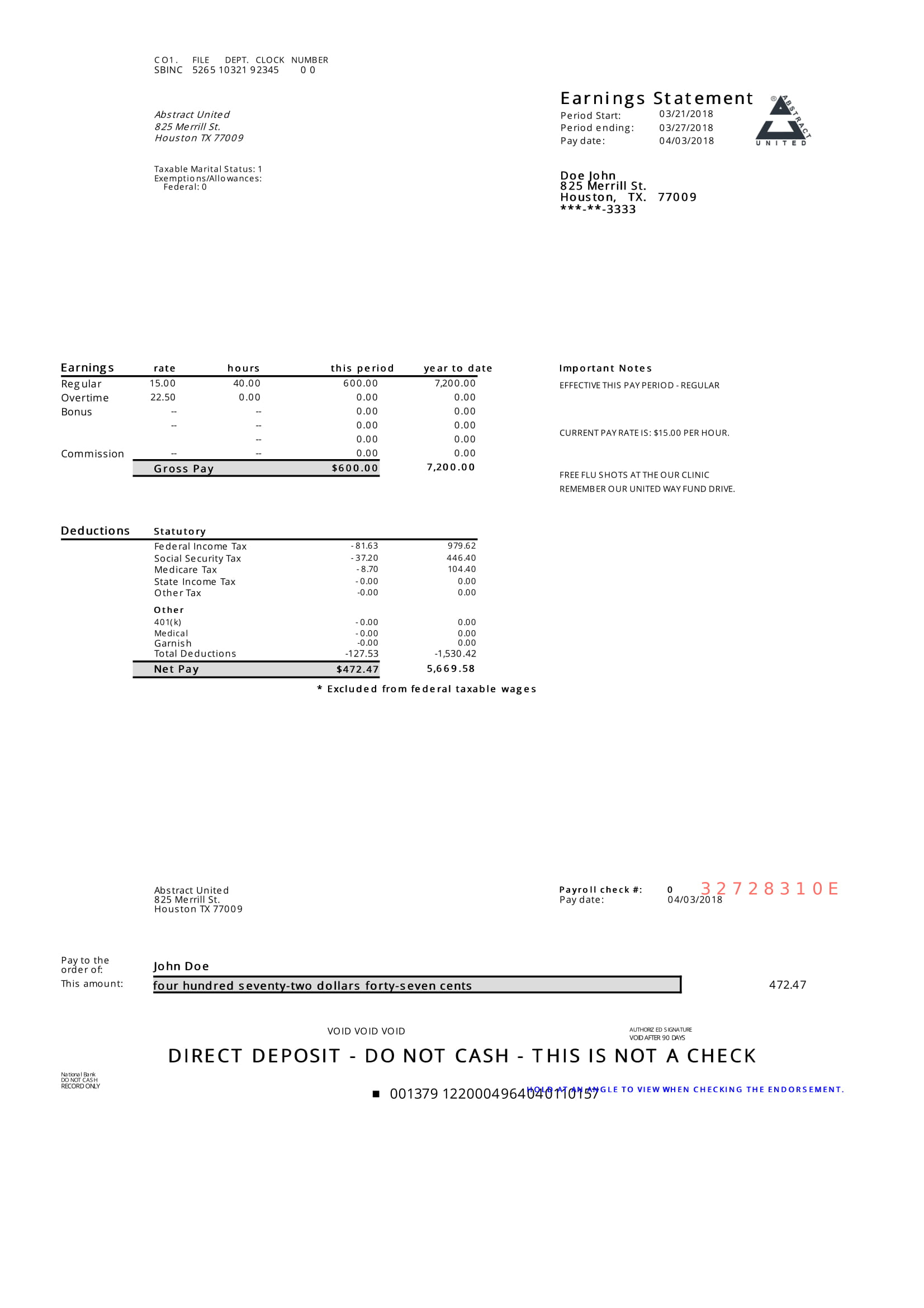 Modern Pay Stub Sample - Paycheck Stub Online - Free Printable Pay Stubs Online