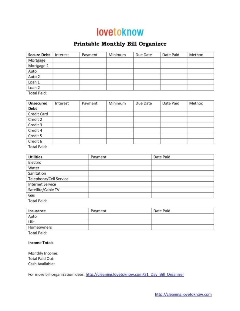 Monthly Bills Template Free And Free Monthly Bill Organizer Template - Free Printable Weekly Bill Organizer
