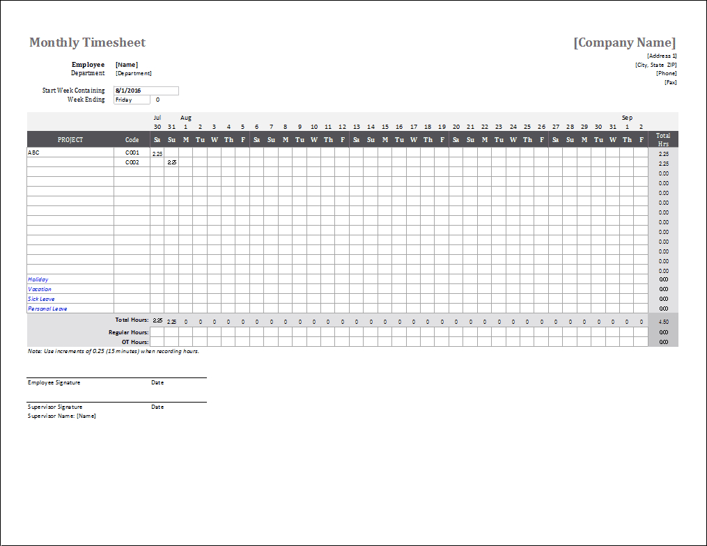 Monthly Timesheet Template For Excel - Free Printable Time Tracking Sheets