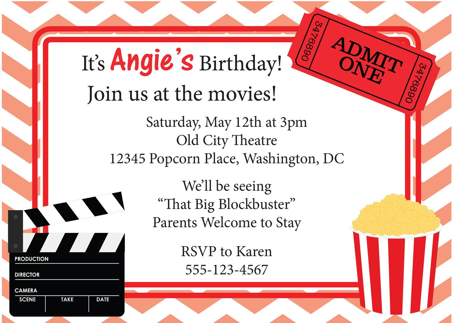 Movie Night Invitation Birthday Invite Diy Printable. $8.00, Via - Movie Birthday Party Invitations Free Printable