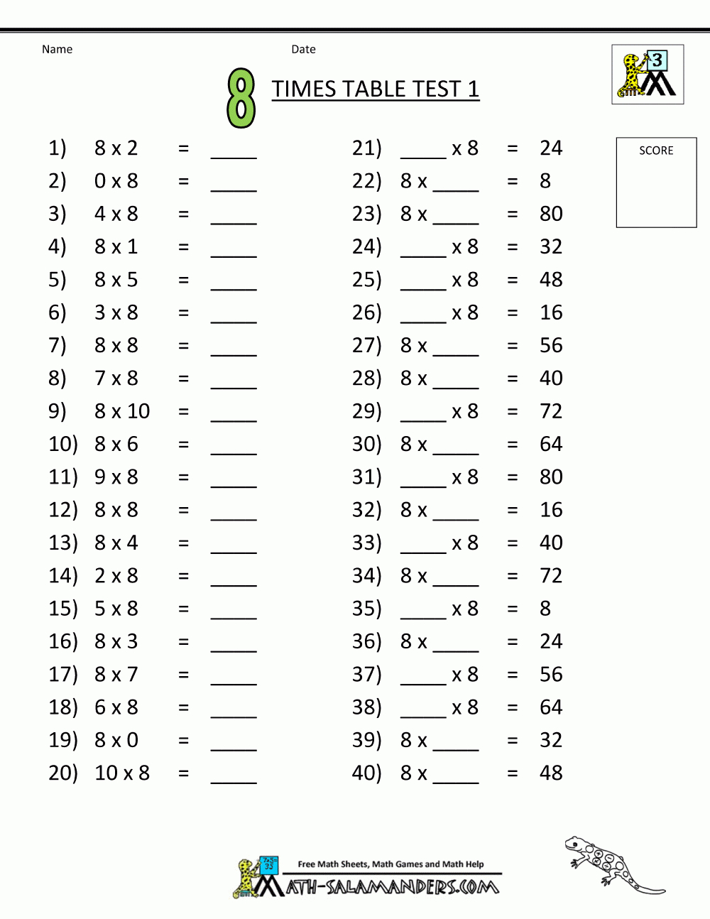 Multiplication Facts Worksheets 8 Times Table Test 1 | Math - Free Printable Multiplication Fact Sheets