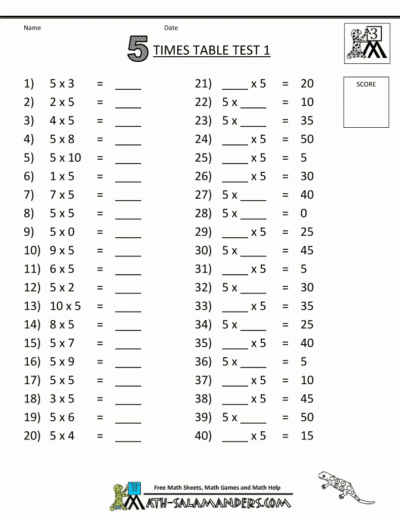 Multiplication Printable Worksheets 5 Times Table Test 1 | Kids - Free Printable Table Numbers 1 30