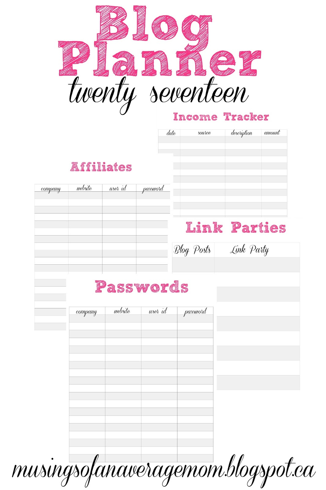 Musings Of An Average Mom: 2017 Blog Planner - Free Printables - Free Printable Blog Planner