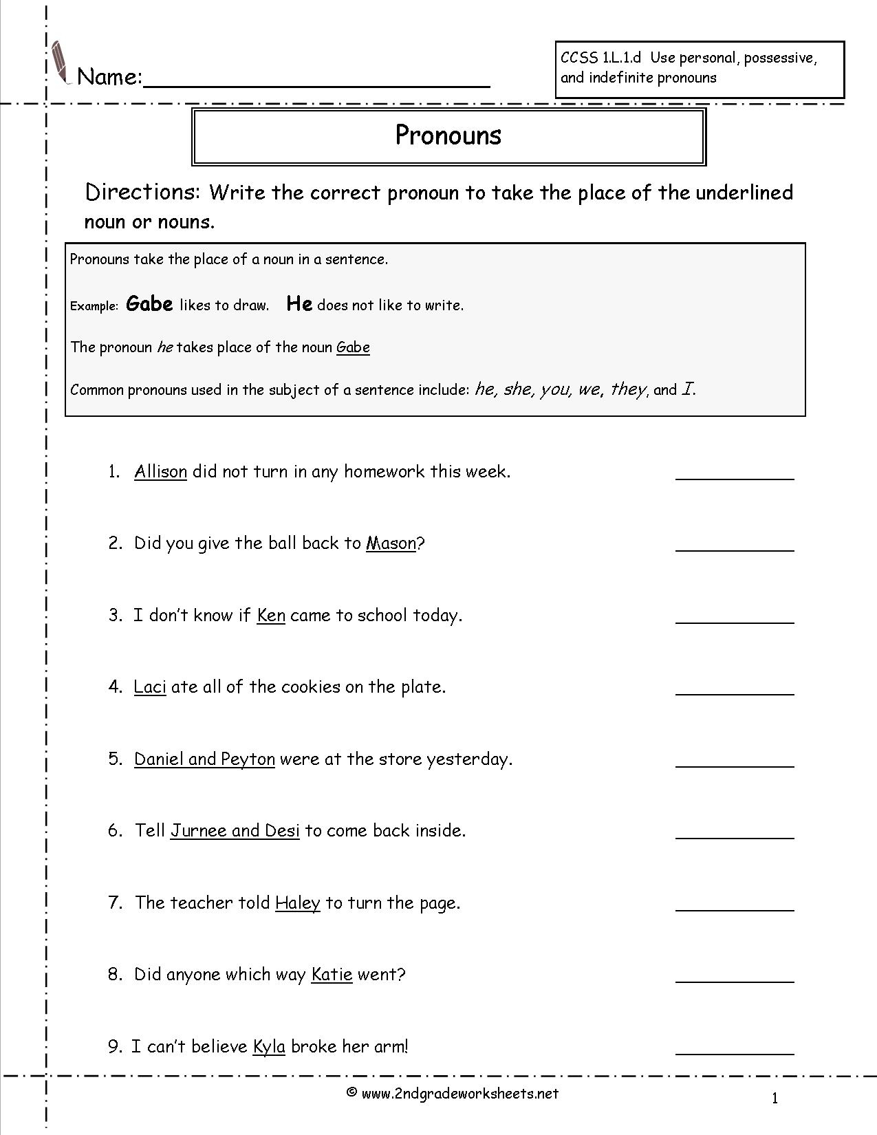 Nouns Worksheets And Printouts - Free Printable Pronoun Worksheets For 2Nd Grade