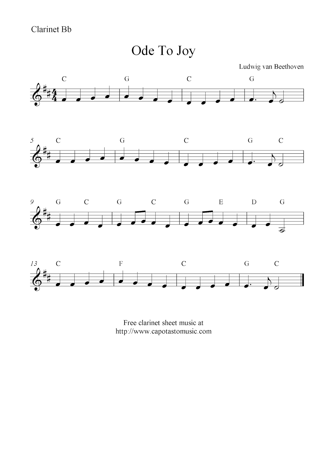 Ode To Joybeethoven, Free Clarinet Sheet Music Notes - Free Sheet Music For Clarinet Printable