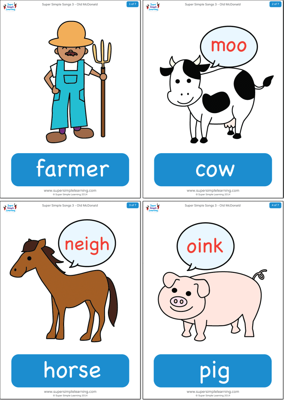 Old Mcdonald Flashcards - Super Simple - Free Printable Farm Animal Flash Cards