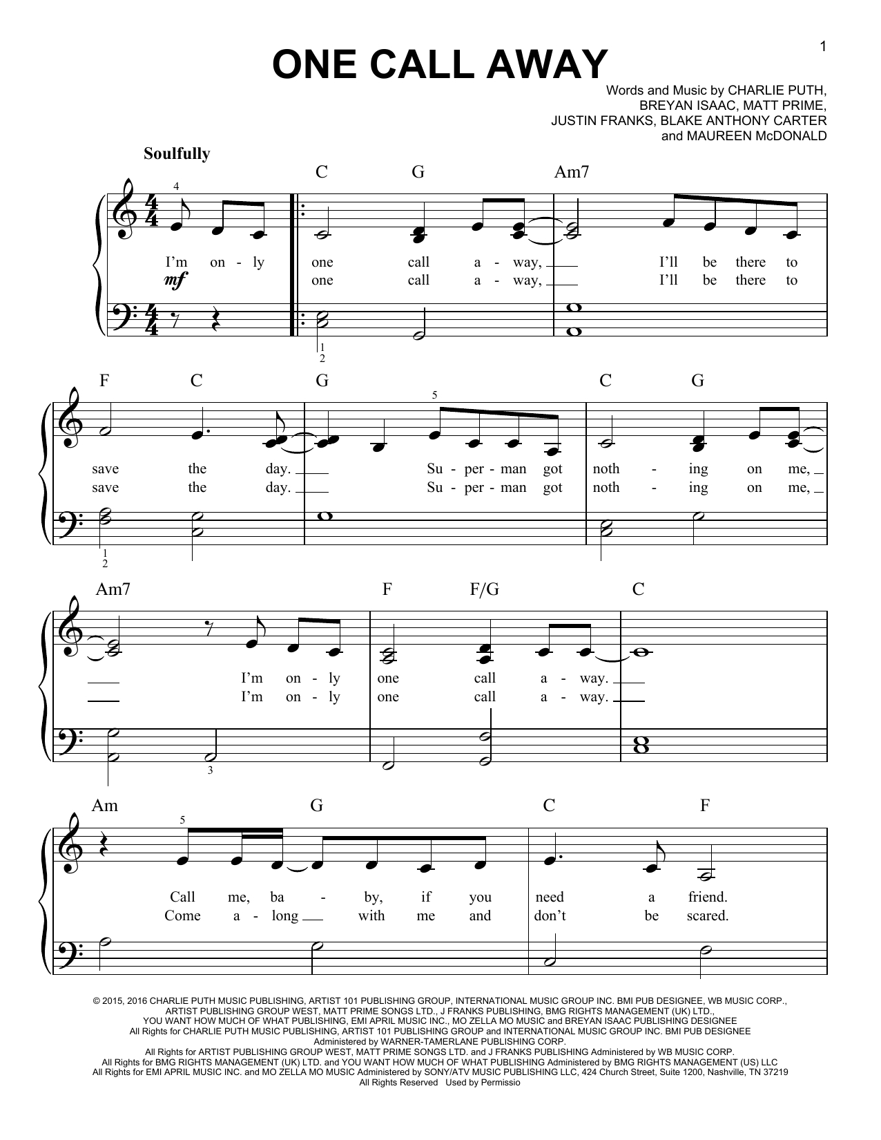 One Call Awaycharlie Puth Easy Piano Digital Sheet Music | Nuty - Free Printable Sheet Music For Piano Beginners Popular Songs